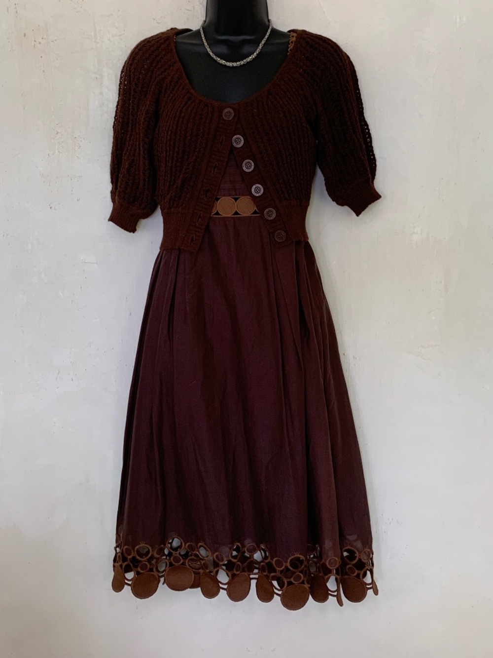Catherine Malandrino brown cotton sundress with baby alpaca shrug.